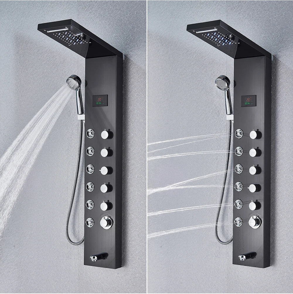 Shower Panel Column with Rainfall, Waterfall, Bidet Sprayer and LED Display, Matte Black and Gold