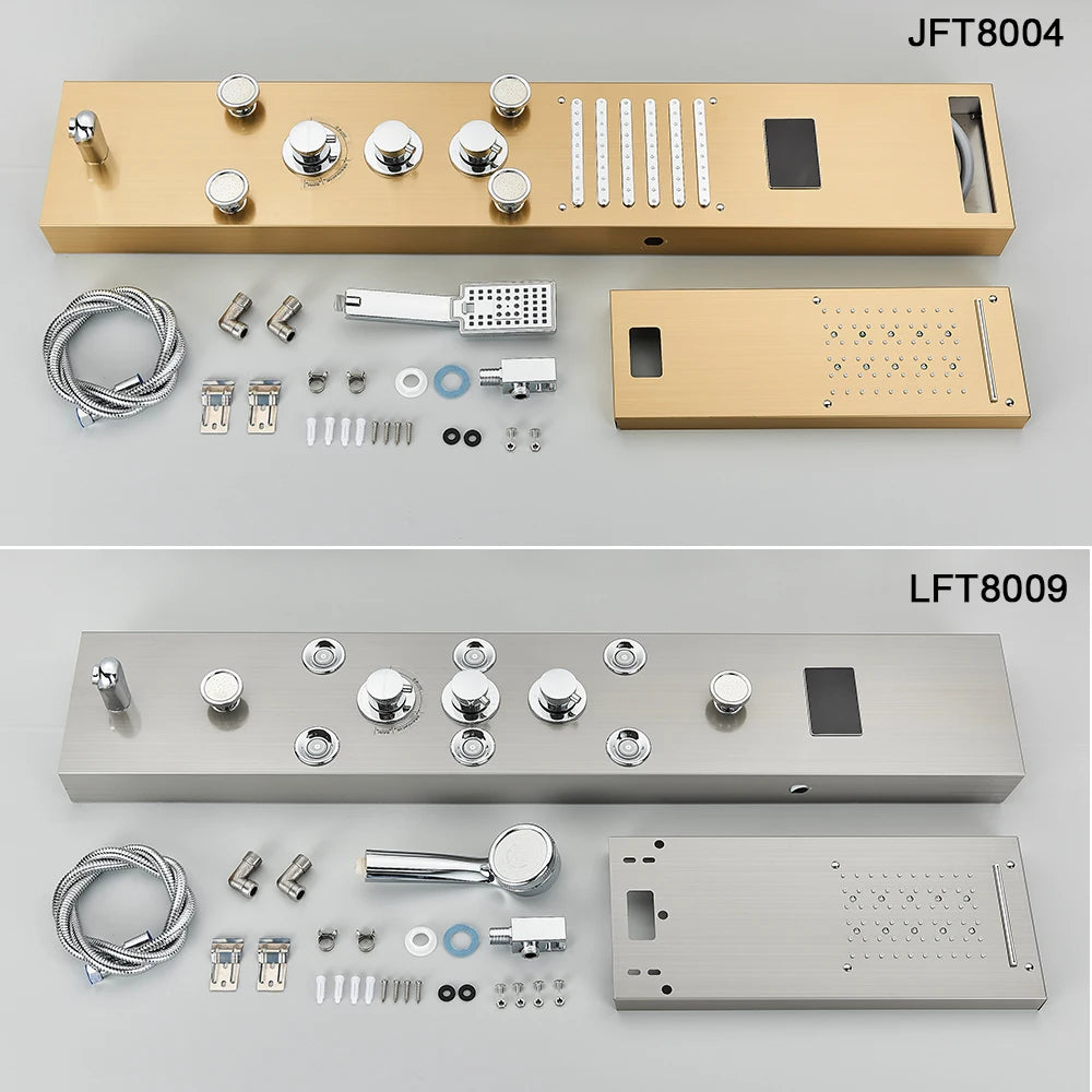 Shower Panel Column with Rainfall, Waterfall, Bidet Sprayer and LED Display, Matte Black and Gold