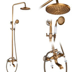 Antique Brass Shower Column with Shelf, Rainfall Head, Hot and Cold Mixer and Handheld