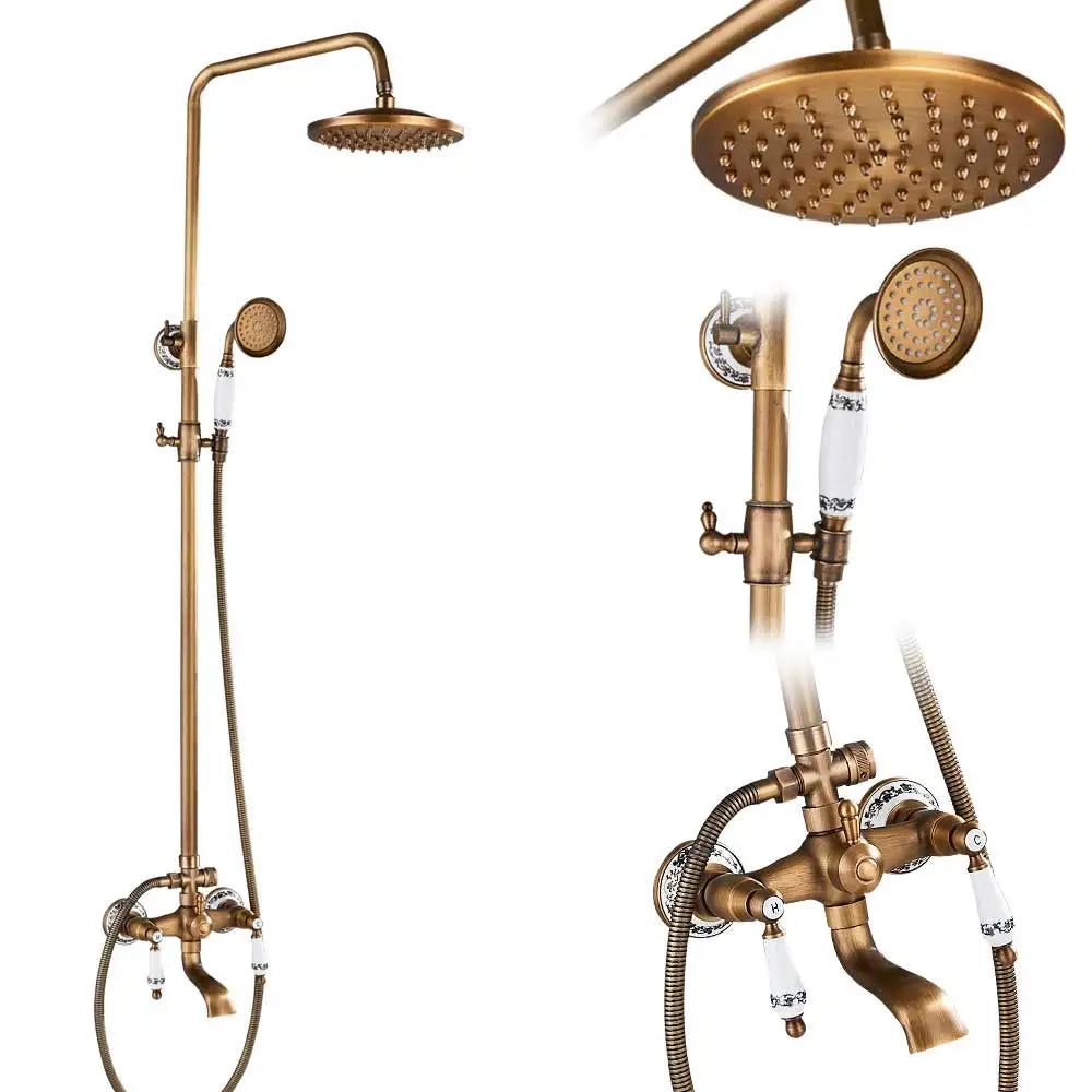 Antique Brass Shower Column with Shelf, Rainfall Head, Hot and Cold Mixer and Handheld