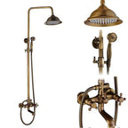 Antique Brass Shower Column with Shelf, Rainfall Head, Hot and Cold Mixer and Handheld