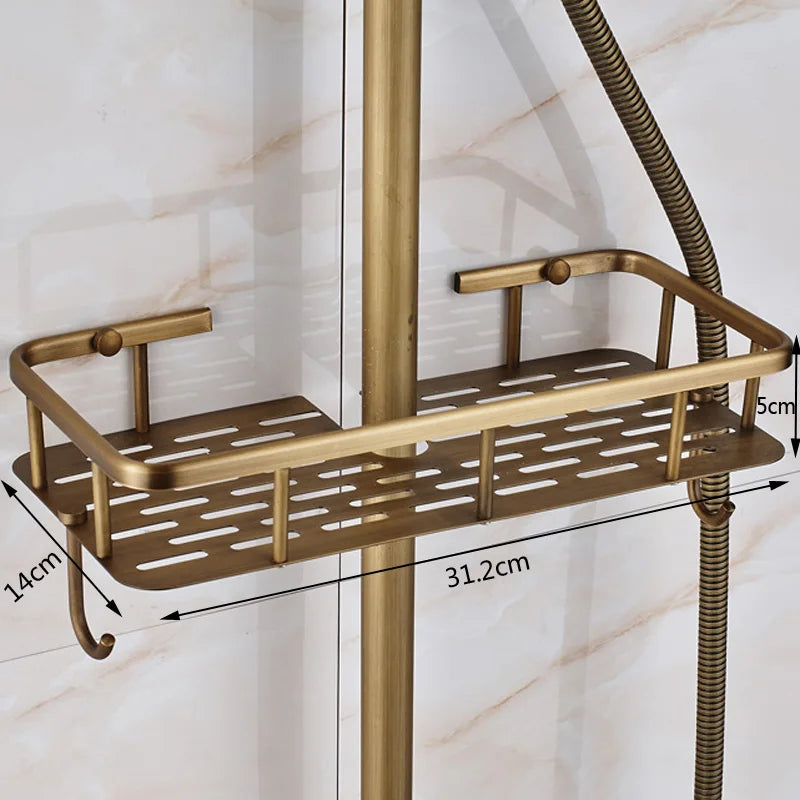 Antique Brass Shower Column with Shelf, Rainfall Head, Hot and Cold Mixer and Handheld