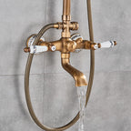 Antique Brass Shower Column with Shelf, Rainfall Head, Hot and Cold Mixer and Handheld