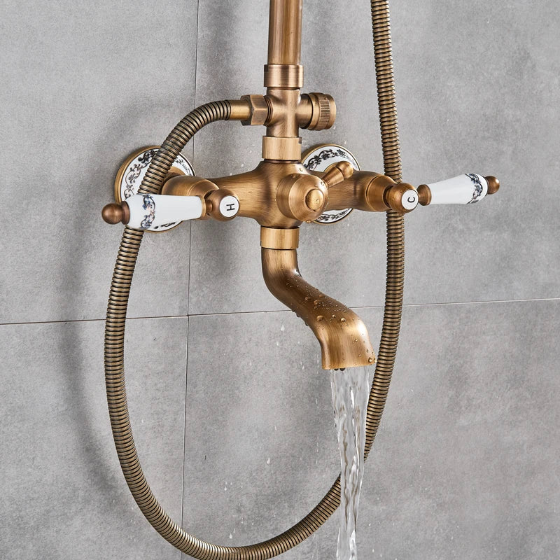 Antique Brass Shower Column with Shelf, Rainfall Head, Hot and Cold Mixer and Handheld