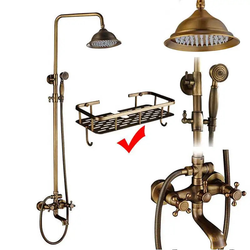Antique Brass Shower Column with Shelf, Rainfall Head, Hot and Cold Mixer and Handheld