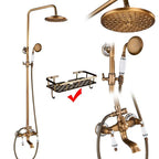 Antique Brass Shower Column with Shelf, Rainfall Head, Hot and Cold Mixer and Handheld