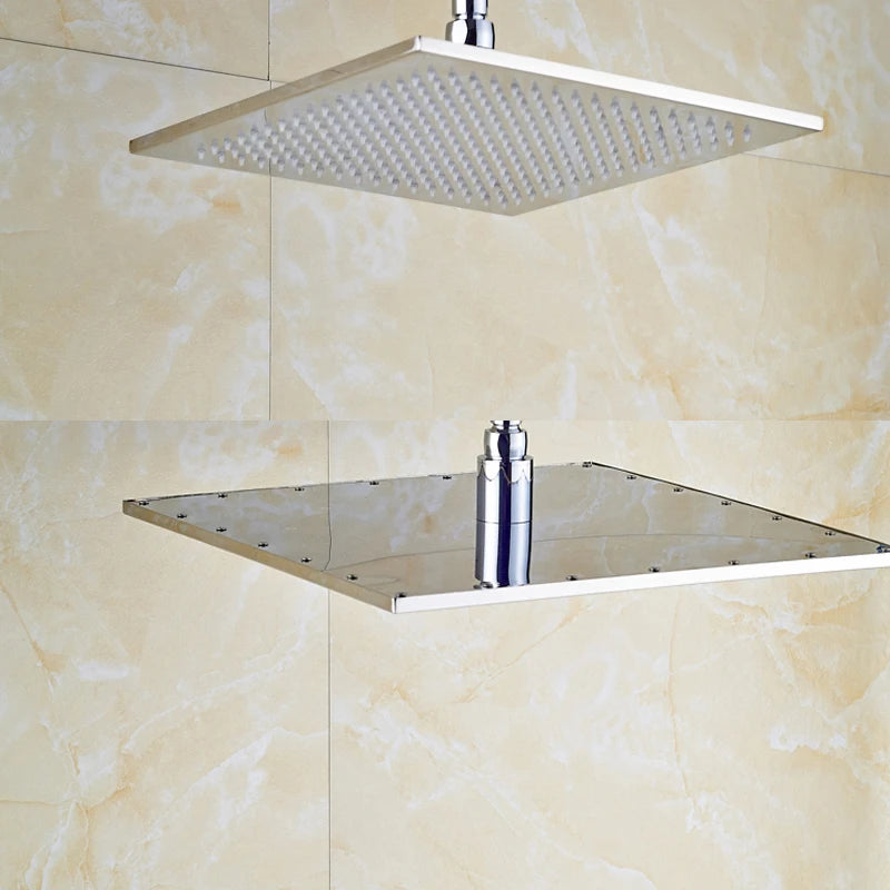 12 or 16 Inch Rainfall Shower Head with LED Color-Change Light, Solid Brass Square