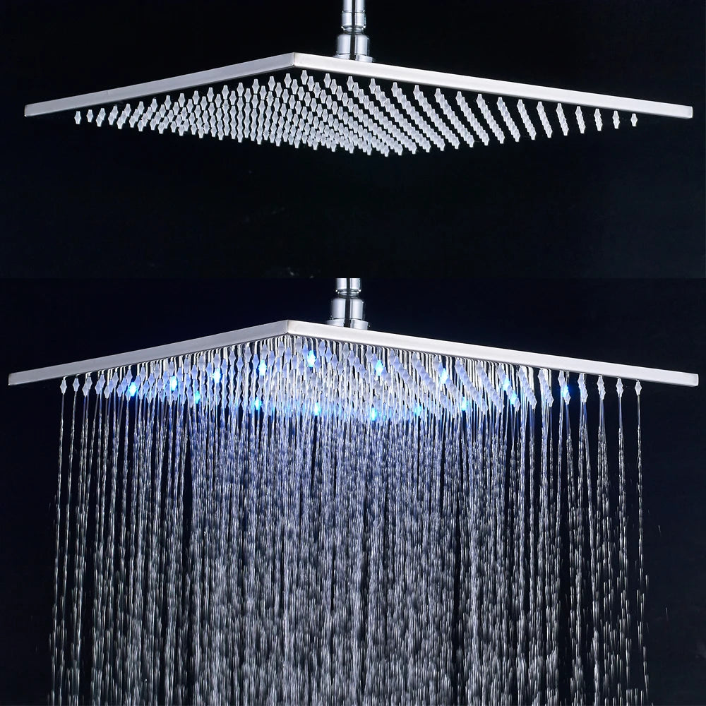 12 or 16 Inch Rainfall Shower Head with LED Color-Change Light, Solid Brass Square