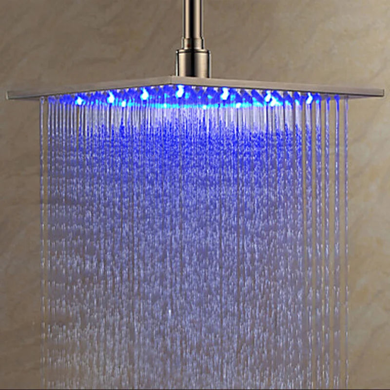 12 or 16 Inch Rainfall Shower Head with LED Color-Change Light, Solid Brass Square