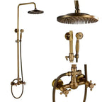 Antique Brass Shower Column with Shelf, Rainfall Head, Hot and Cold Mixer and Handheld