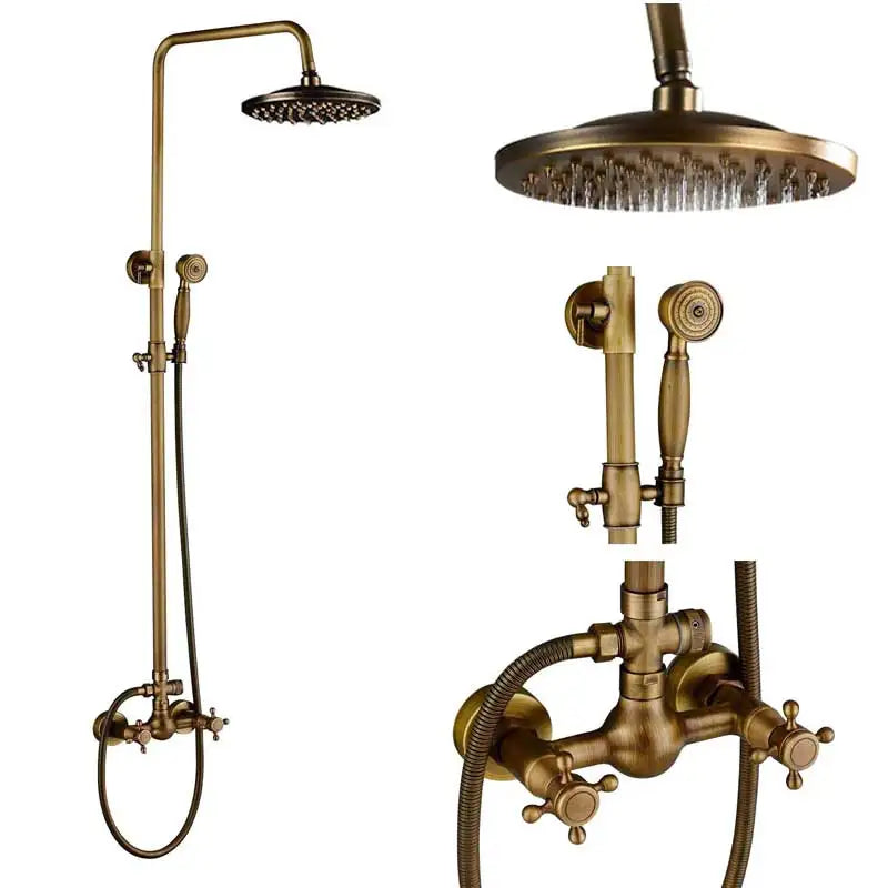 Antique Brass Shower Column with Shelf, Rainfall Head, Hot and Cold Mixer and Handheld