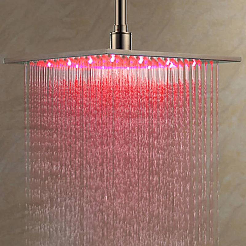 12 or 16 Inch Rainfall Shower Head with LED Color-Change Light, Solid Brass Square