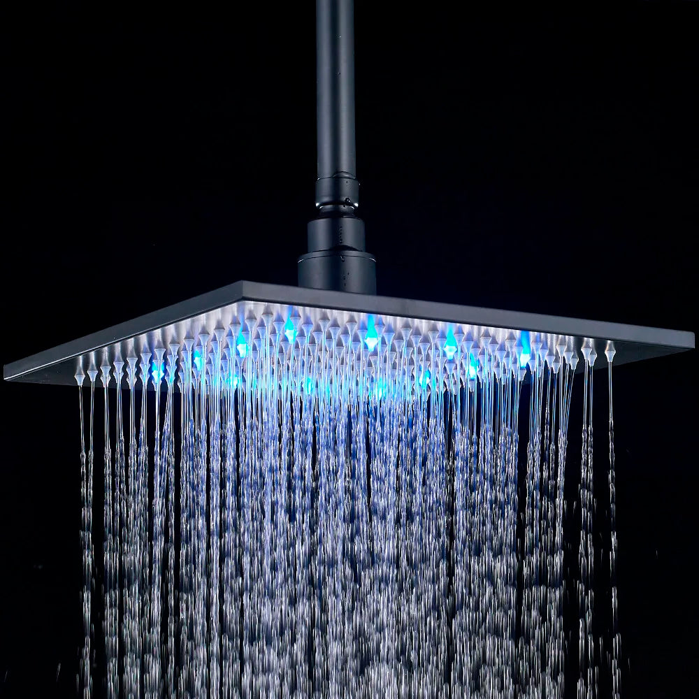 12 or 16 Inch Rainfall Shower Head with LED Color-Change Light, Solid Brass Square
