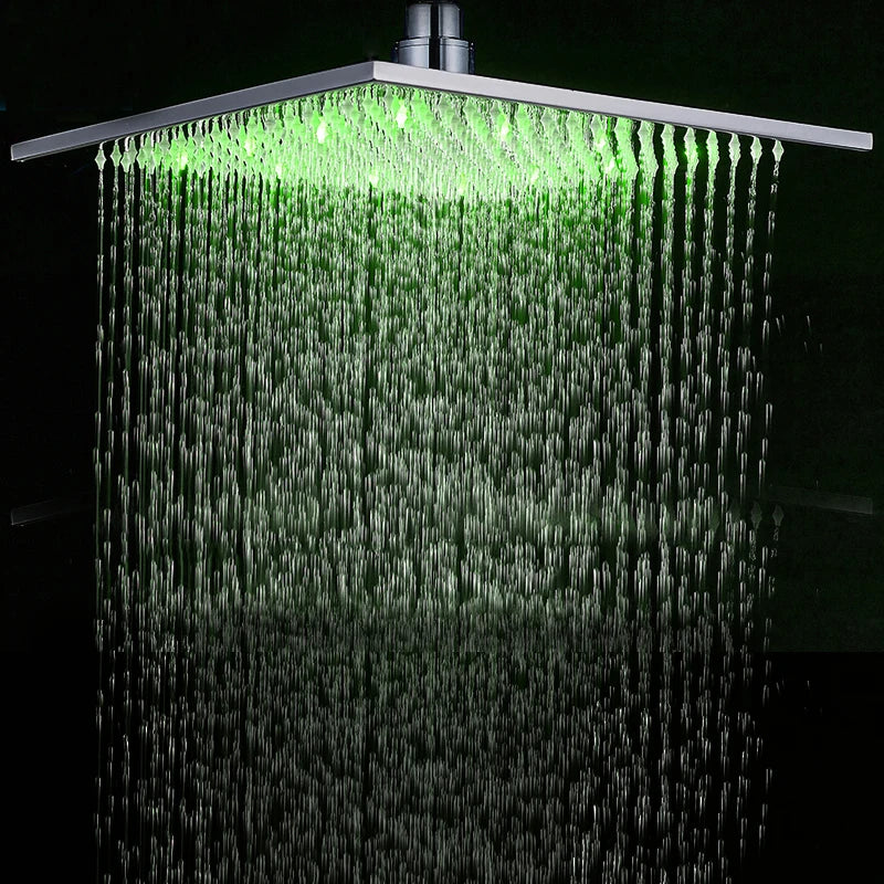 12 or 16 Inch Rainfall Shower Head with LED Color-Change Light, Solid Brass Square