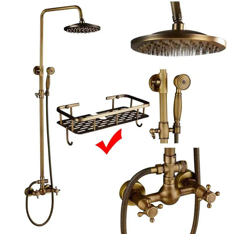 Antique Brass Shower Column with Shelf, Rainfall Head, Hot and Cold Mixer and Handheld