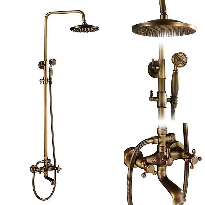 Antique Brass Shower Column with Shelf, Rainfall Head, Hot and Cold Mixer and Handheld
