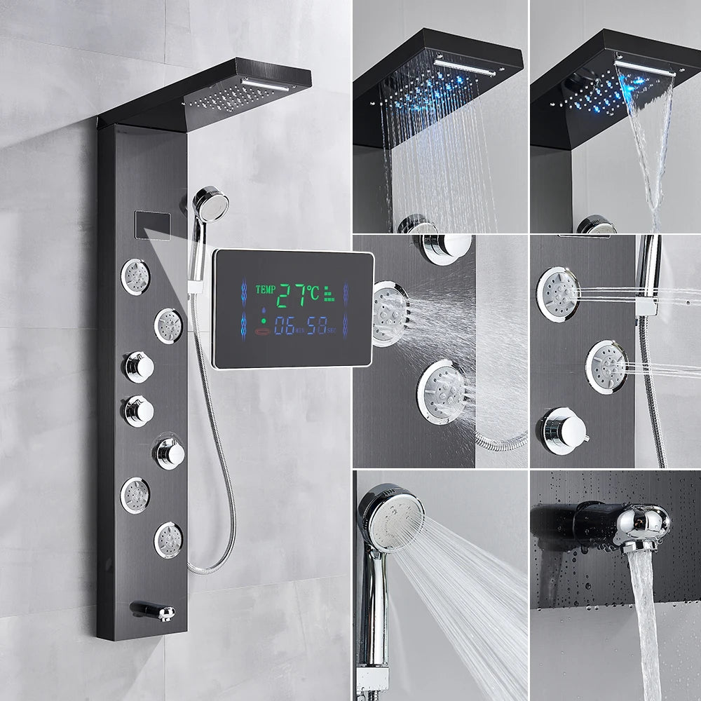 Shower Panel Column with Rainfall, Waterfall, Bidet Sprayer and LED Display, Matte Black and Gold