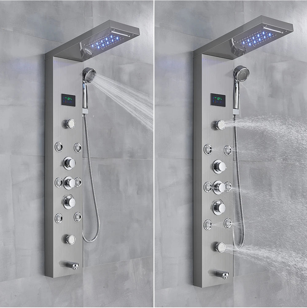 Shower Panel Column with Rainfall, Waterfall, Bidet Sprayer and LED Display, Matte Black and Gold