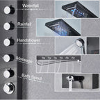 Shower Panel Column with Rainfall, Waterfall, Bidet Sprayer and LED Display, Matte Black and Gold