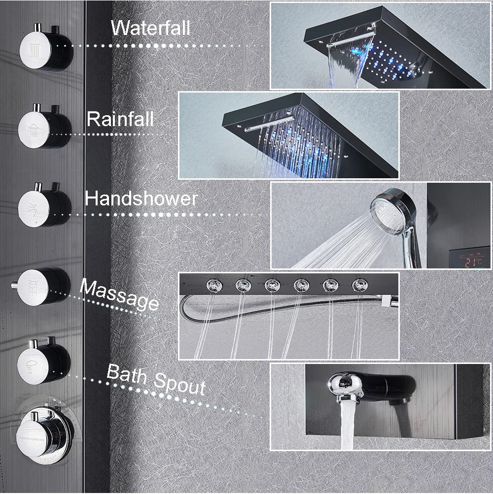 Shower Panel Column with Rainfall, Waterfall, Bidet Sprayer and LED Display, Matte Black and Gold