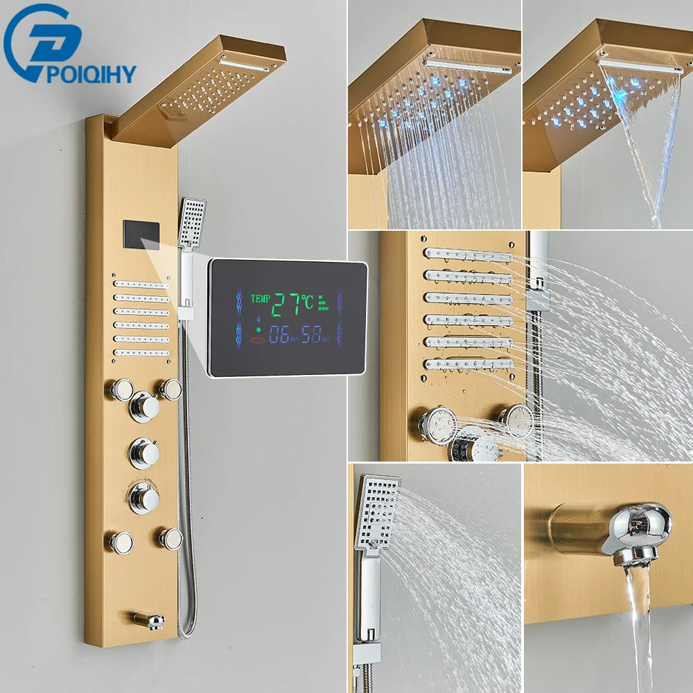 Shower Panel Column with Rainfall, Waterfall, Bidet Sprayer and LED Display, Matte Black and Gold