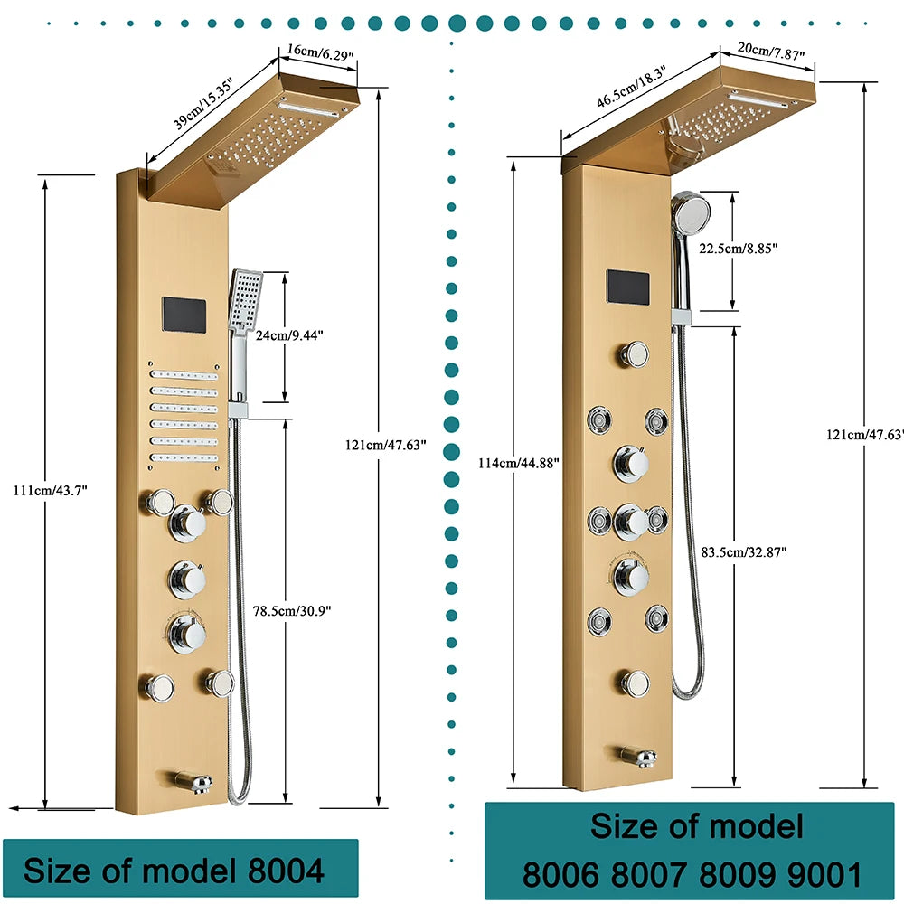 Shower Panel Column with Rainfall, Waterfall, Bidet Sprayer and LED Display, Matte Black and Gold