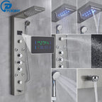 Shower Panel Column with Rainfall, Waterfall, Bidet Sprayer and LED Display, Matte Black and Gold