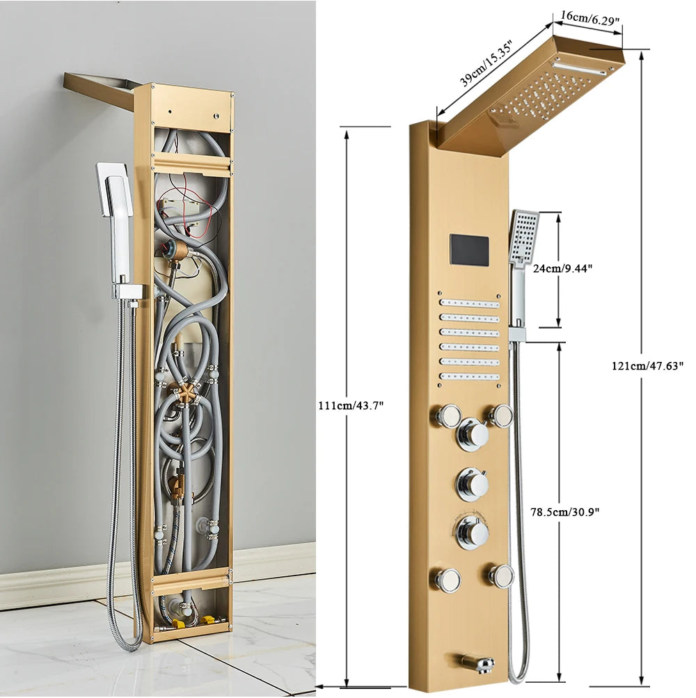 Shower Panel Column with Rainfall, Waterfall, Bidet Sprayer and LED Display, Matte Black and Gold