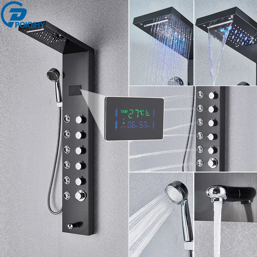 Shower Panel Column with Rainfall, Waterfall, Bidet Sprayer and LED Display, Matte Black and Gold