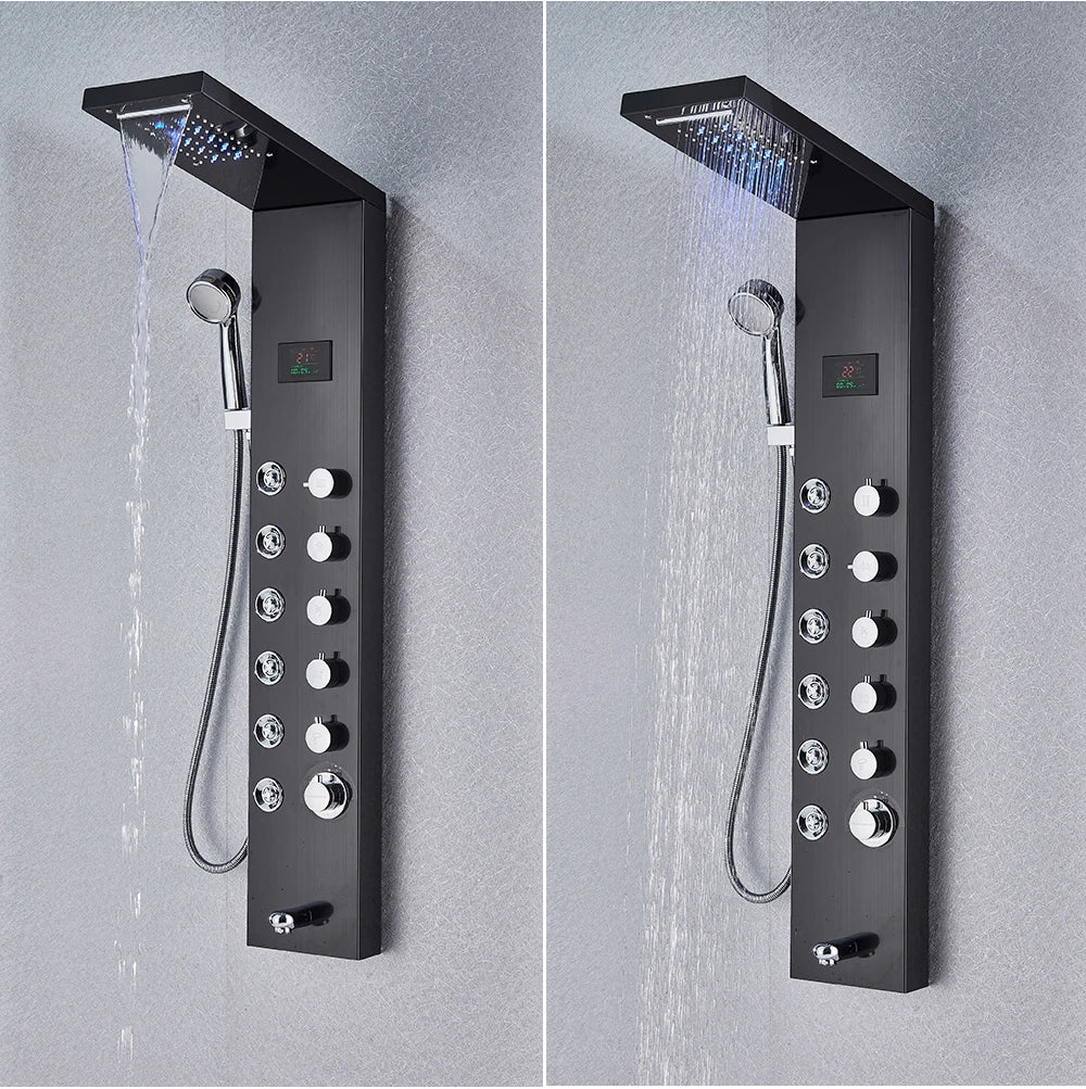 Shower Panel Column with Rainfall, Waterfall, Bidet Sprayer and LED Display, Matte Black and Gold