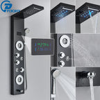 Shower Panel Column with Rainfall, Waterfall, Bidet Sprayer and LED Display, Matte Black and Gold
