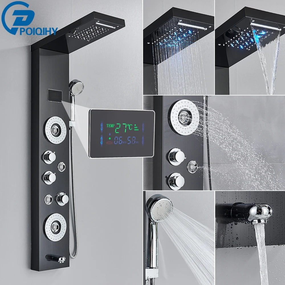Shower Panel Column with Rainfall, Waterfall, Bidet Sprayer and LED Display, Matte Black and Gold