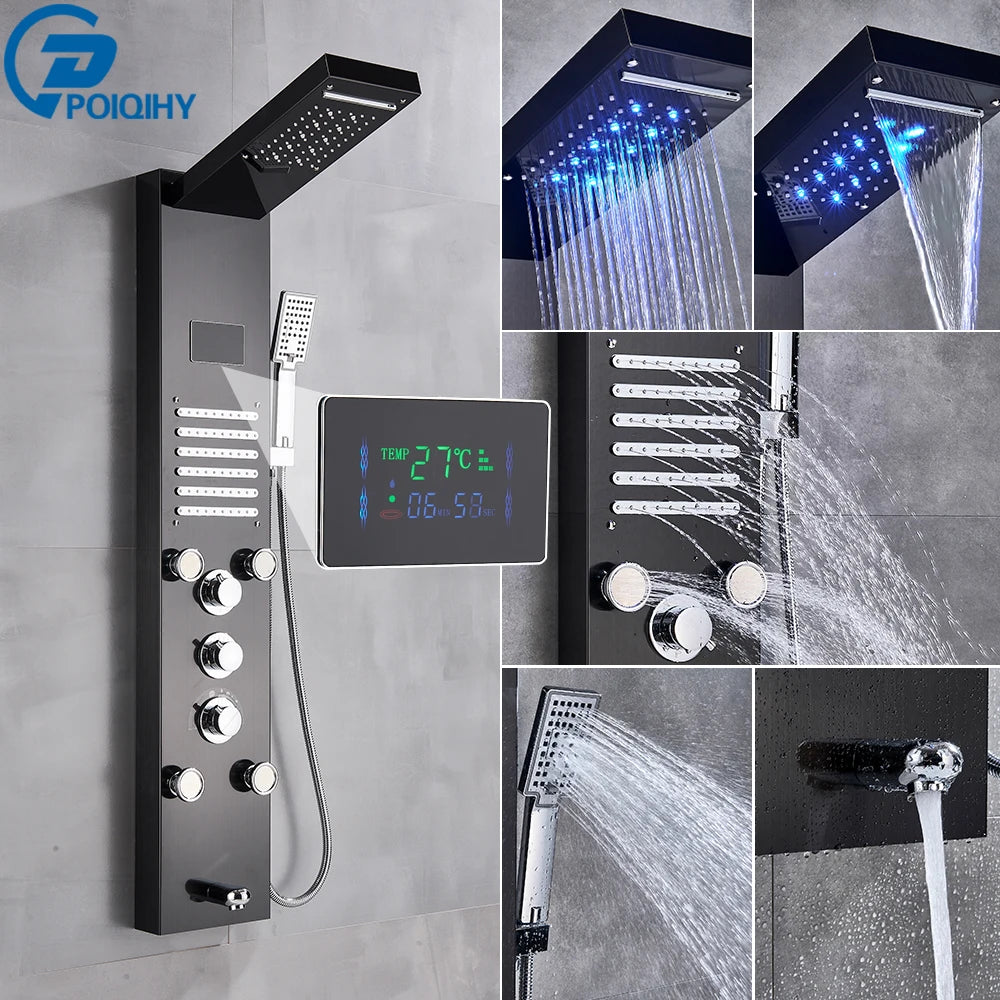 Shower Panel Column with Rainfall, Waterfall, Bidet Sprayer and LED Display, Matte Black and Gold