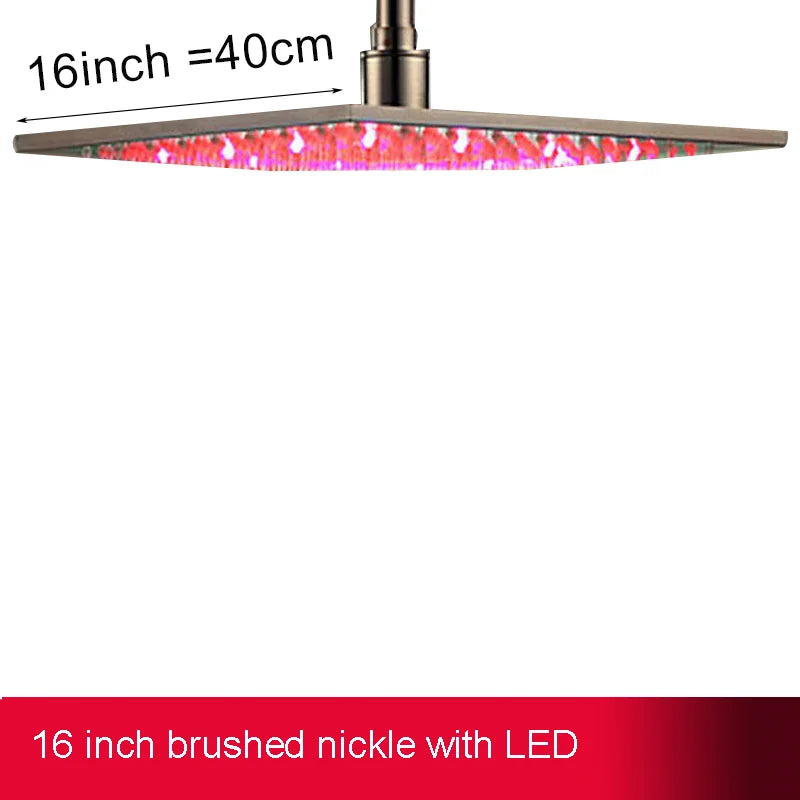 12 or 16 Inch Rainfall Shower Head with LED Color-Change Light, Solid Brass Square