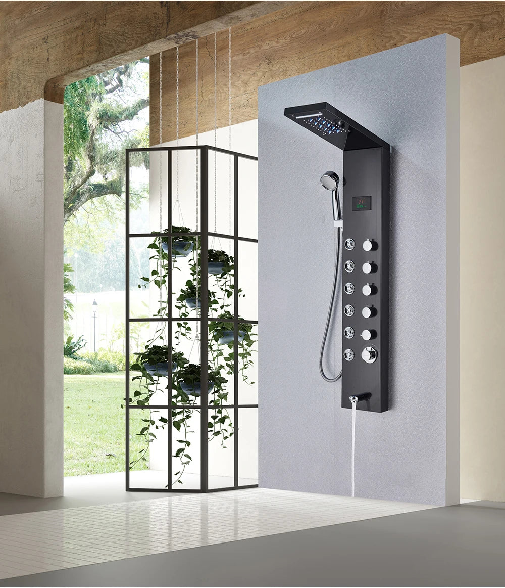 Shower Panel Column with Rainfall, Waterfall, Bidet Sprayer and LED Display, Matte Black and Gold
