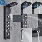 Shower Panel Column with Rainfall, Waterfall, Bidet Sprayer and LED Display, Matte Black and Gold