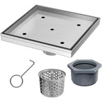 8 Inch Square Shower Drain with Removable Tile Insert Grate, Brushed Stainless Steel and Hair Strainer