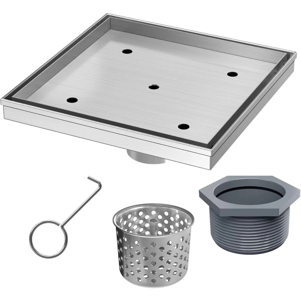 8 Inch Square Shower Drain with Removable Tile Insert Grate, Brushed Stainless Steel and Hair Strainer