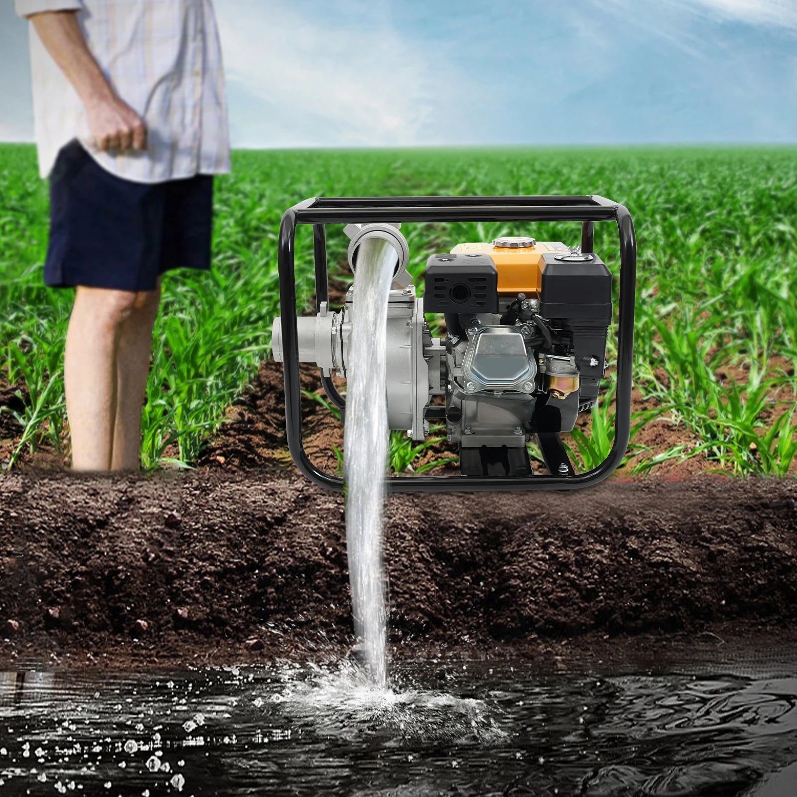 7.5 HP 4-Stroke Gasoline Water Pump, 3 Inch Inlet and Outlet for Irrigation and Drainage