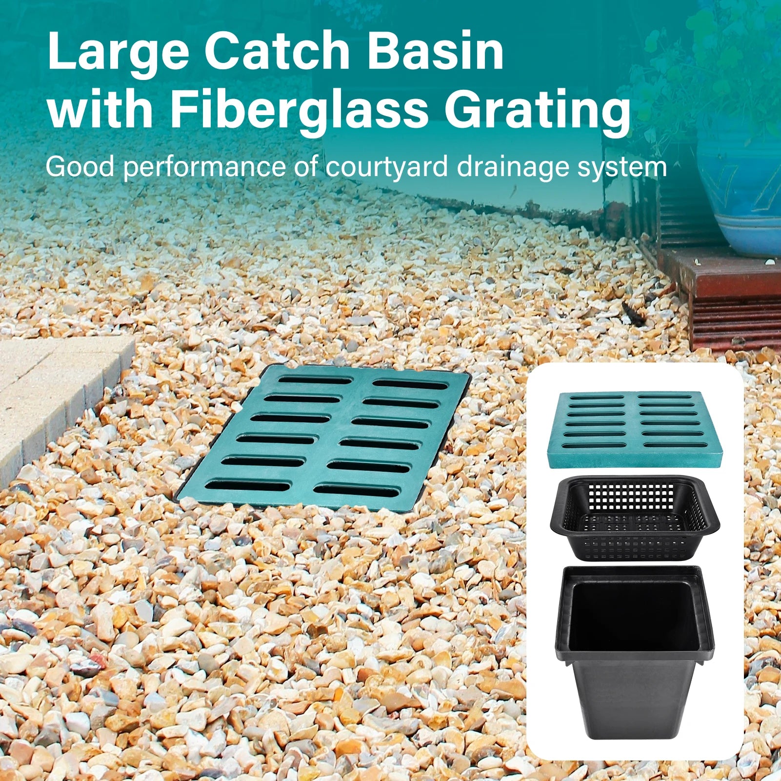 Catch Basin Drain 16.5x16.5x24 Inch with Grate and Debris Basket for Yard, Patio and Driveway
