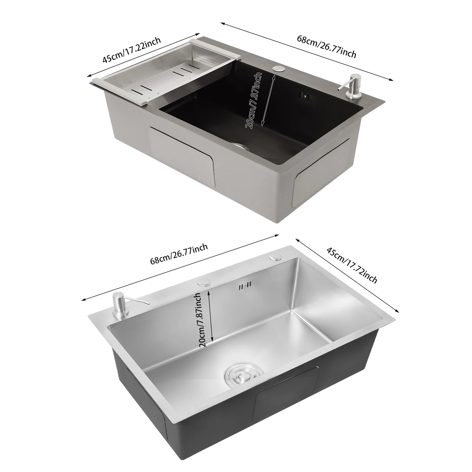 Stainless Steel Kitchen Sink with Soap Dispenser and Drainage Basket, No Faucet