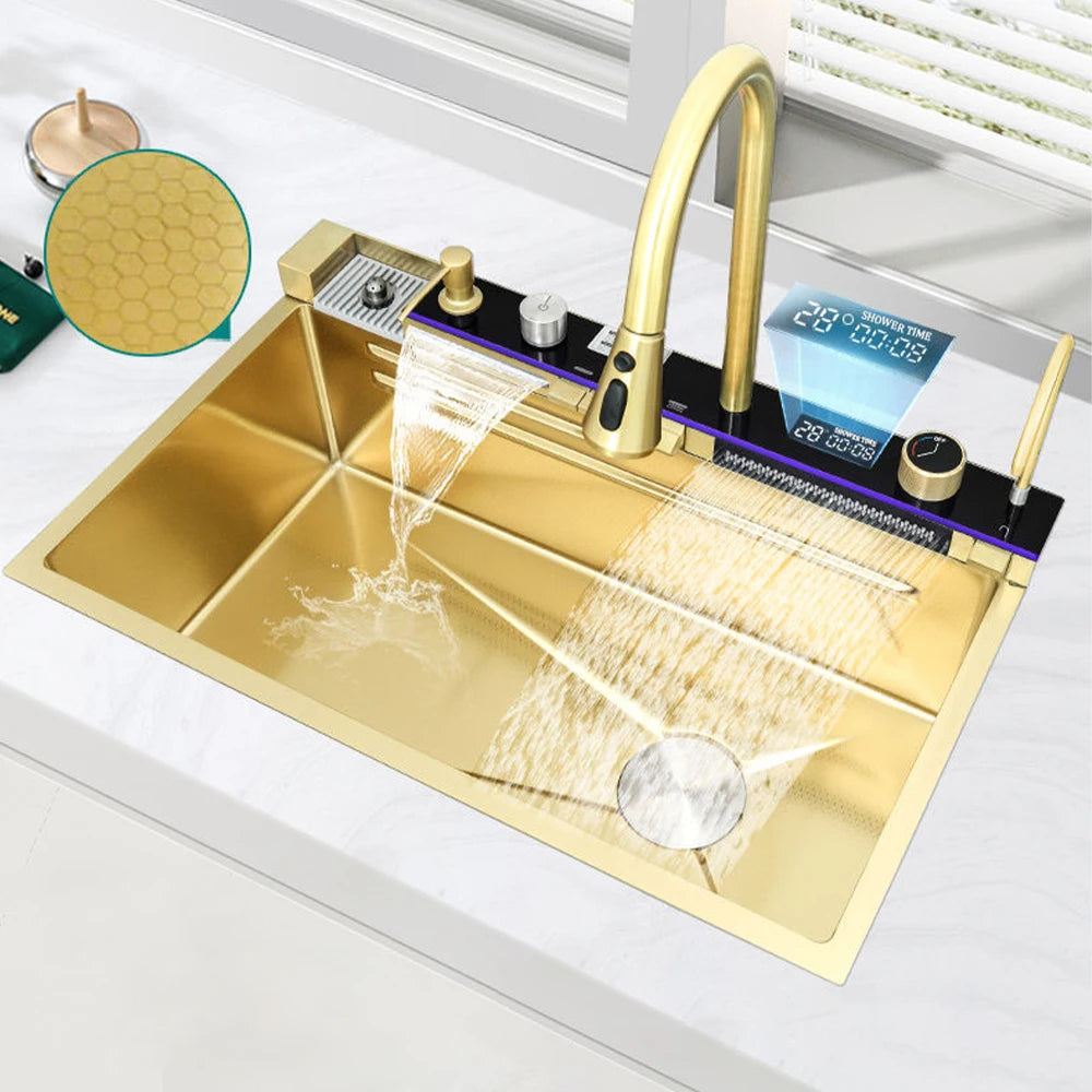 Waterfall Kitchen Sink with Digital Display, Stainless Steel