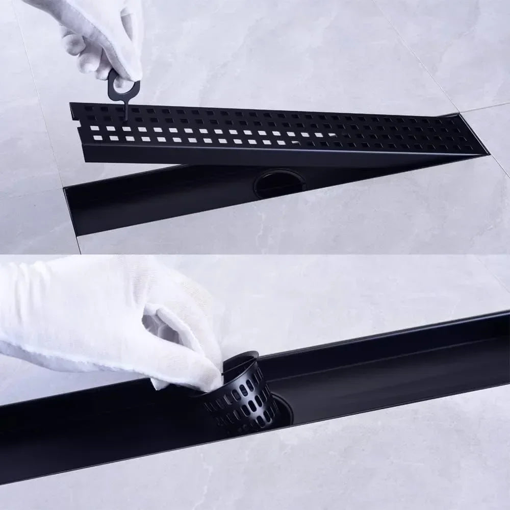16 Inch Linear Shower Drain, Matte Black with Removable Grid, Adjustable Feet and Hair Strainer