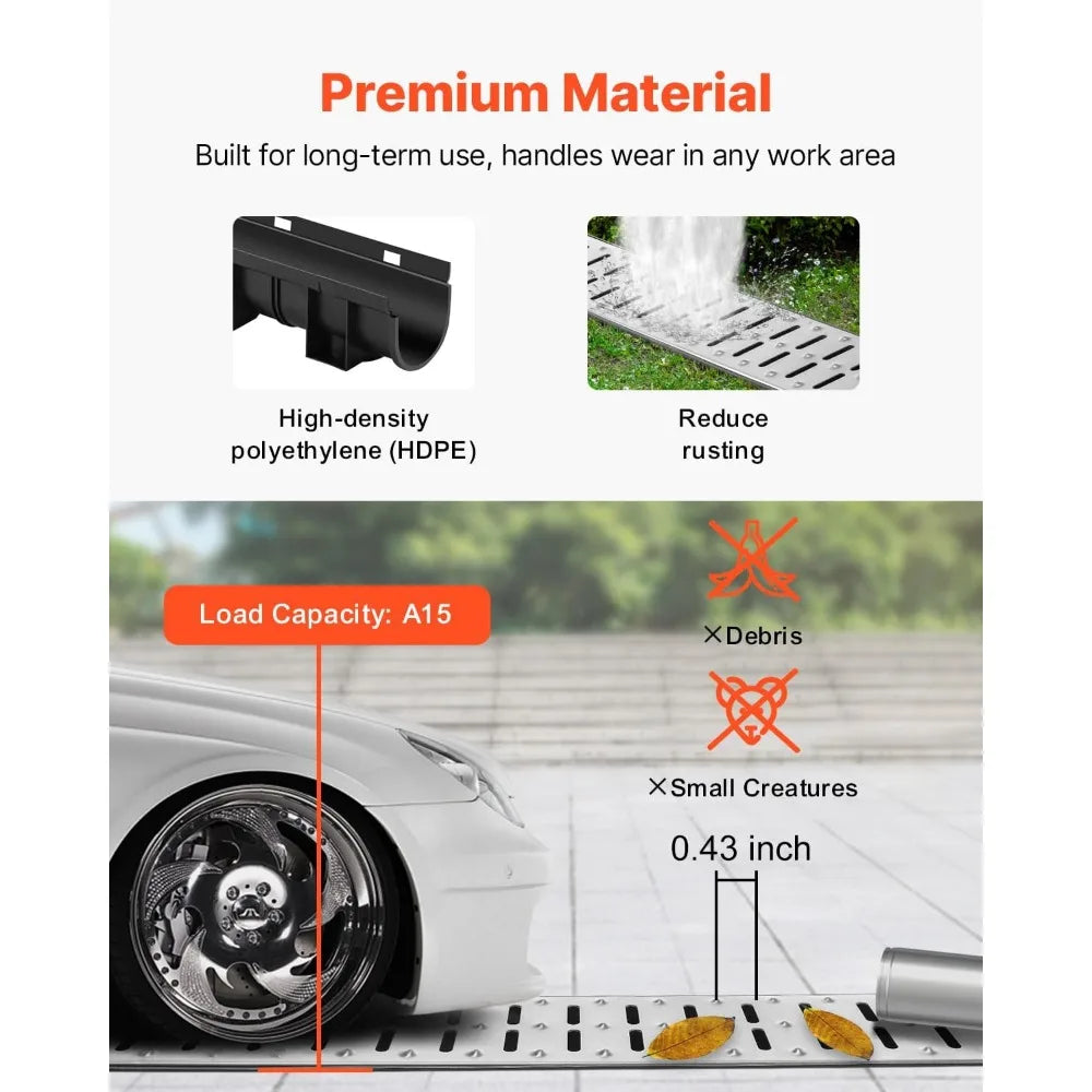 HDPE Trench Drain Kit 3-Pack, 5.9x5.1 In Channel with Metal Grate and End Caps, 39 In Each