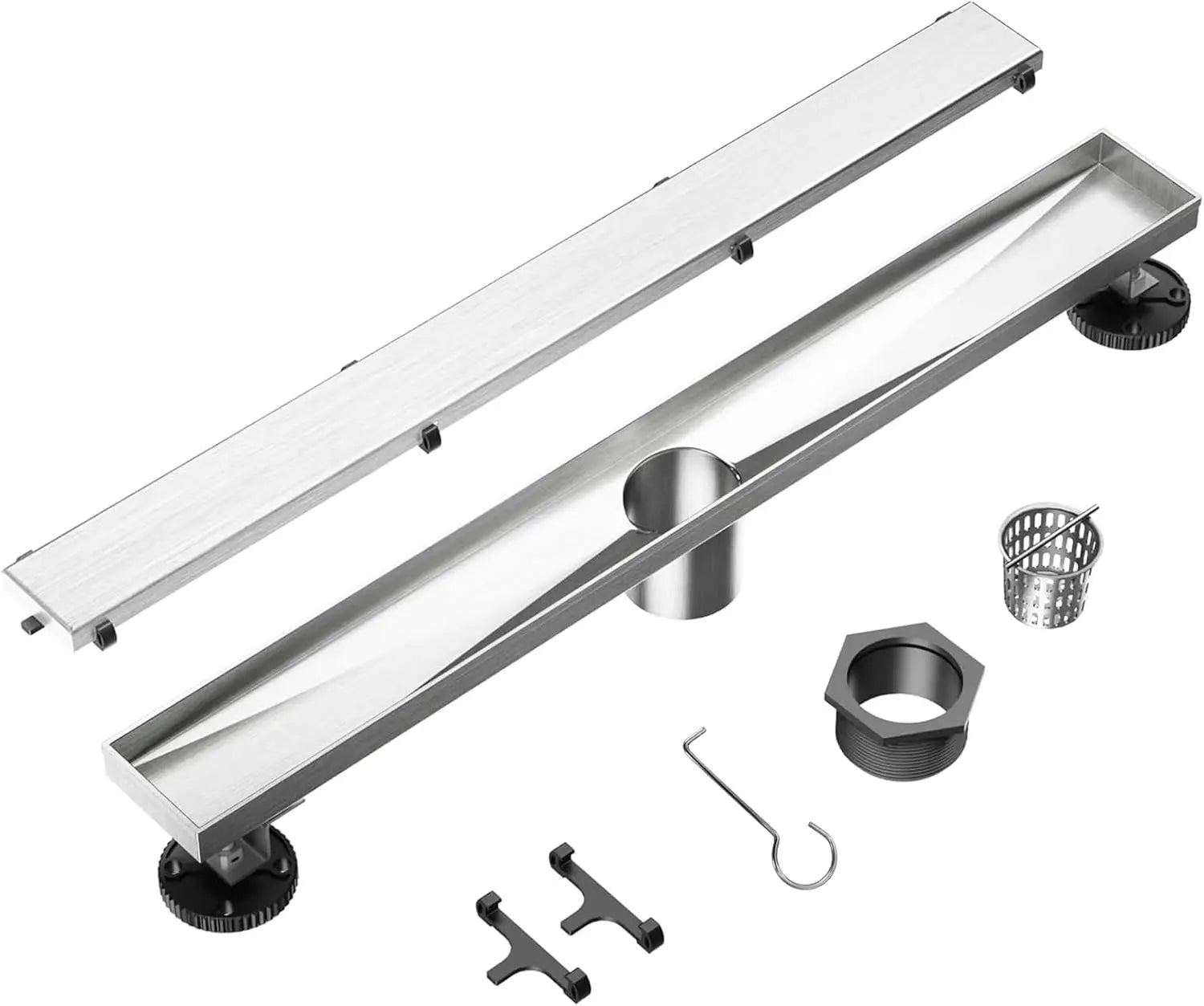 24 Inch Linear Shower Drain, Brushed Stainless Steel with Reversible Cover