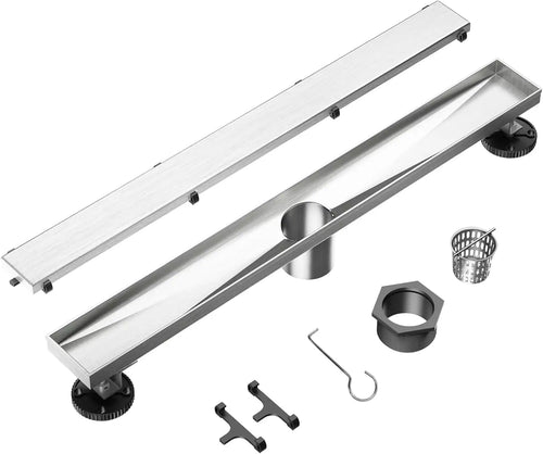 24 Inch Linear Shower Drain, Brushed Stainless Steel with Reversible Cover