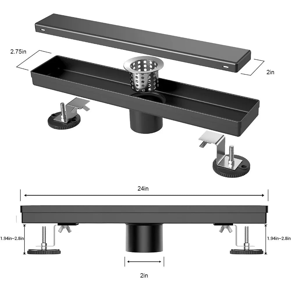 24 Inch Matte Black Linear Shower Drain, Dual Tile Insert cUPC Certified 304 Stainless Steel