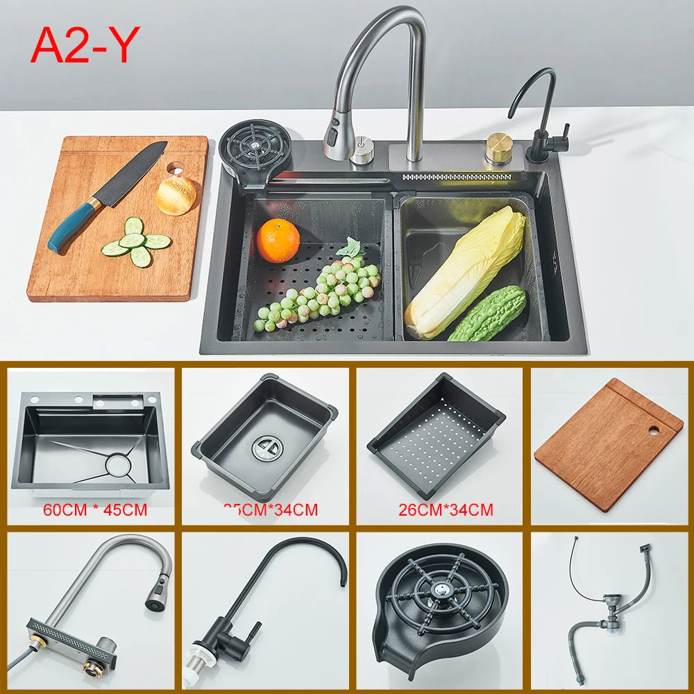 Waterfall Kitchen Sink with Digital Display, Stainless Steel