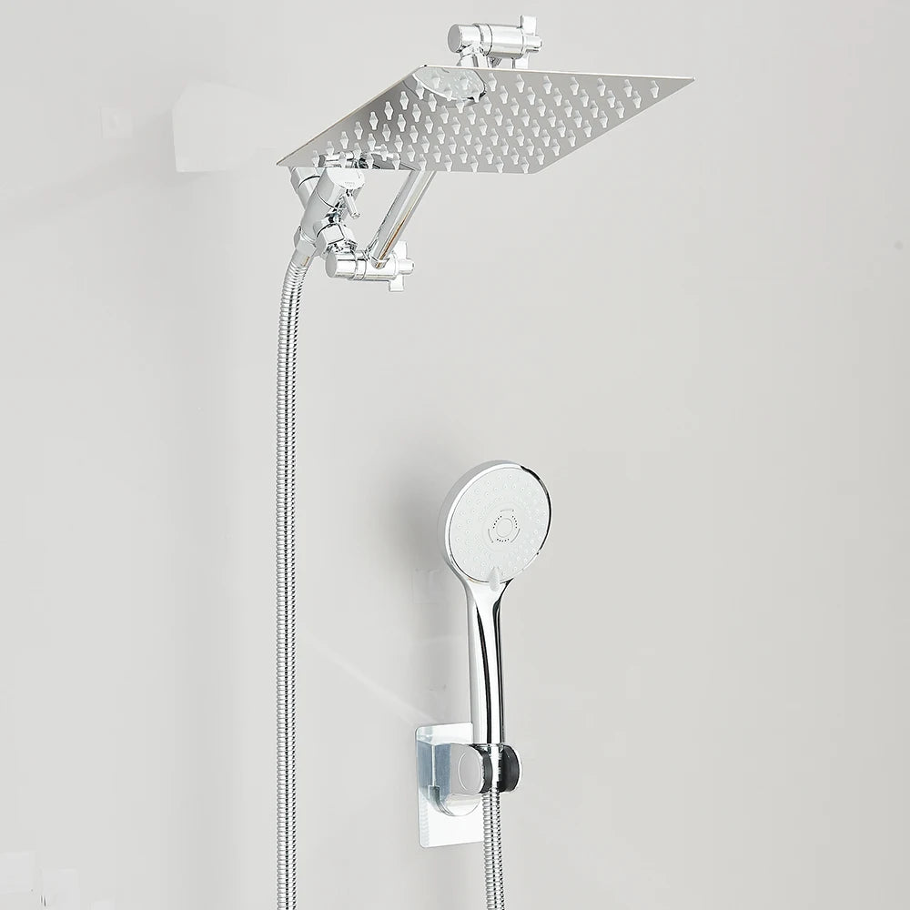 Rain Shower Head Combo 8–12 Inch with Adjustable Extension Arm and 3-Way Handheld Spray