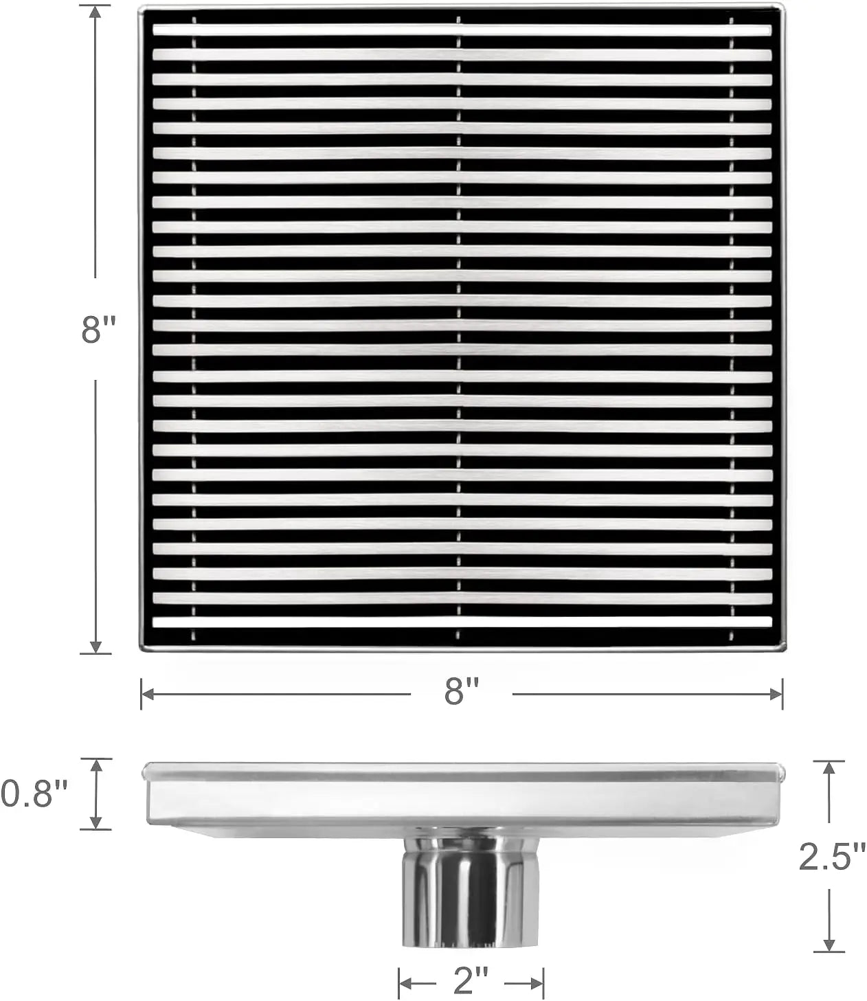8 Inch Square Shower Drain, Brushed Nickel Wedge Wire Grate 304 Stainless Steel with Hair Strainer